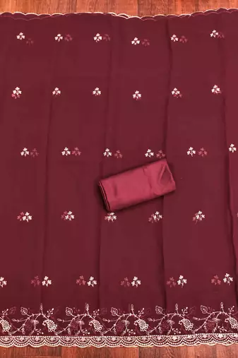 maroon georgette embroidered unstitched dressmaterials 3 pair top bottom dupptaa