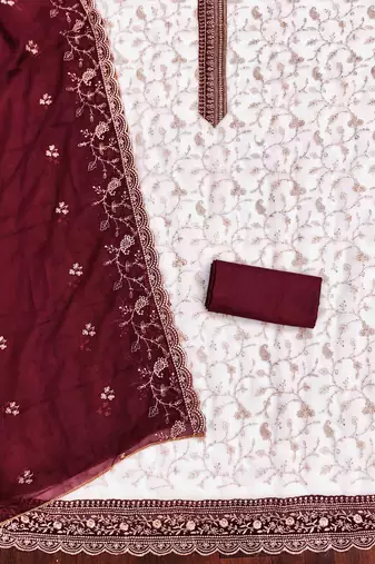 maroon georgette embroidered unstitched dressmaterials 3 pair top bottom dupptaa