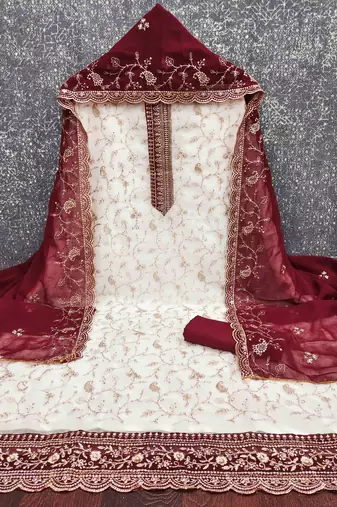 maroon georgette embroidered unstitched dressmaterials 3 pair top bottom dupptaa