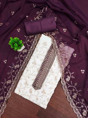 Wine georgette embroidered unstitched dressmaterials 3 pair top bottom dupptaa 1