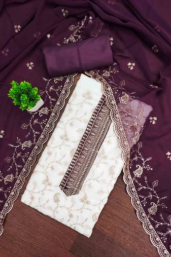 wine georgette embroidered unstitched dressmaterials 3 pair top bottom dupptaa