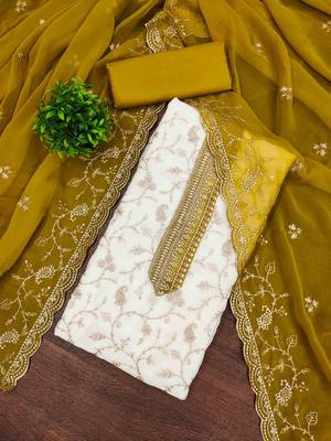 Yellow georgette embroidered unstitched dressmaterials 3 pair top bottom dupptaa 1