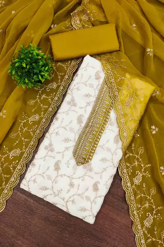 yellow georgette embroidered unstitched dressmaterials 3 pair top bottom dupptaa