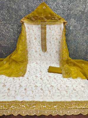 Yellow georgette embroidered unstitched dressmaterials 3 pair top bottom dupptaa 3