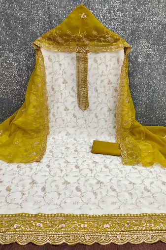 yellow georgette embroidered unstitched dressmaterials 3 pair top bottom dupptaa