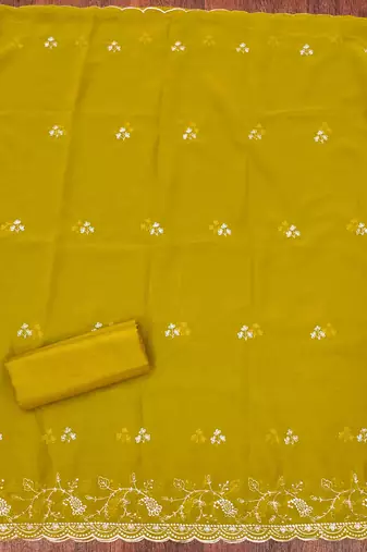 yellow georgette embroidered unstitched dressmaterials 3 pair top bottom dupptaa