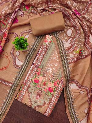 Cream cotton embroidered unstitched dressmaterials 3 pair top bottom dupptaa 1