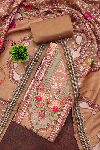 cream cotton blend embroidered unstitched dressmaterials 3 pair top bottom dupptaa