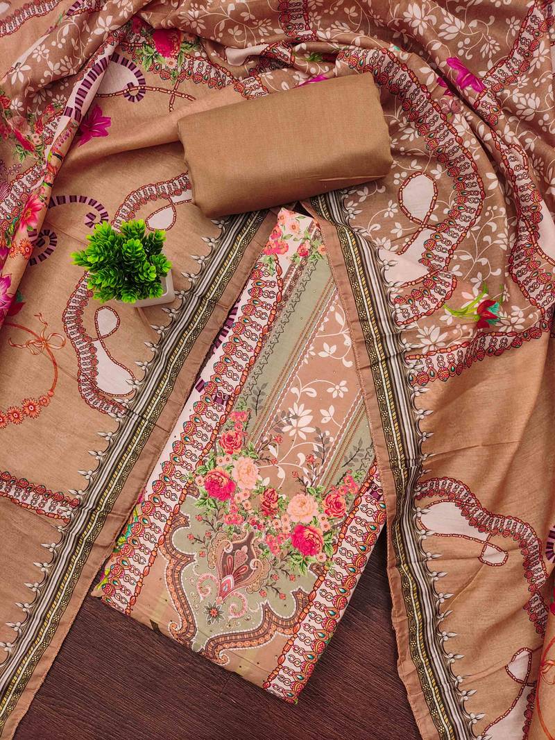 Cream cotton embroidered unstitched dressmaterials 3 pair top bottom dupptaa