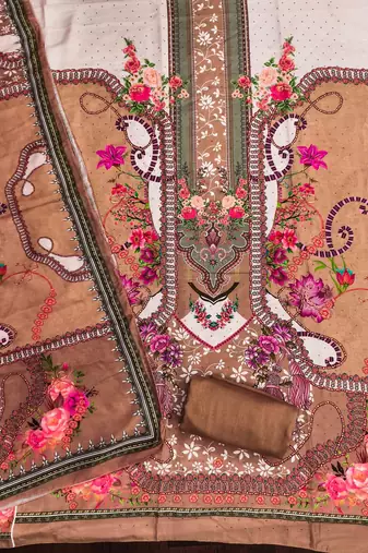 cream cotton blend embroidered unstitched dressmaterials 3 pair top bottom dupptaa