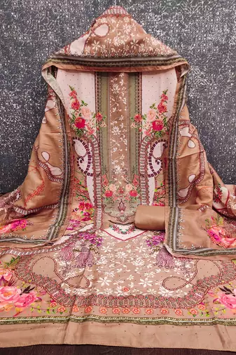 cream cotton blend embroidered unstitched dressmaterials 3 pair top bottom dupptaa