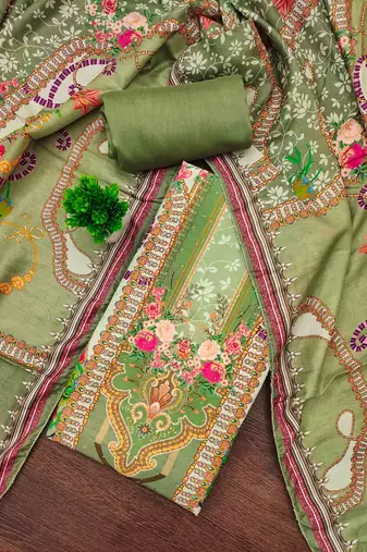 green cotton blend embroidered unstitched dressmaterials 3 pair top bottom dupptaa