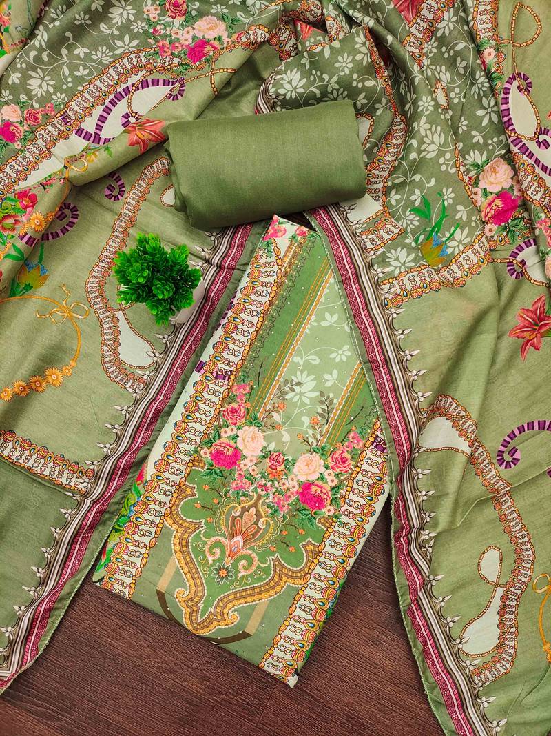 Green cotton embroidered unstitched dressmaterials 3 pair top bottom dupptaa