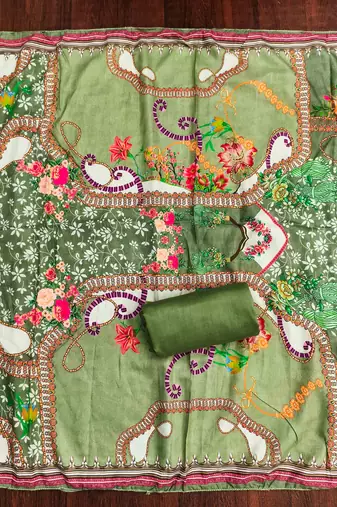 green cotton blend embroidered unstitched dressmaterials 3 pair top bottom dupptaa