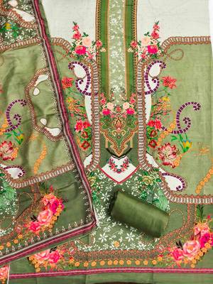 Green cotton embroidered unstitched dressmaterials 3 pair top bottom dupptaa 3
