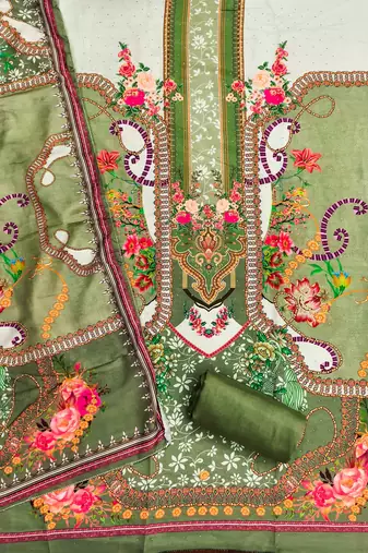 green cotton blend embroidered unstitched dressmaterials 3 pair top bottom dupptaa