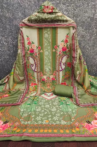green cotton blend embroidered unstitched dressmaterials 3 pair top bottom dupptaa