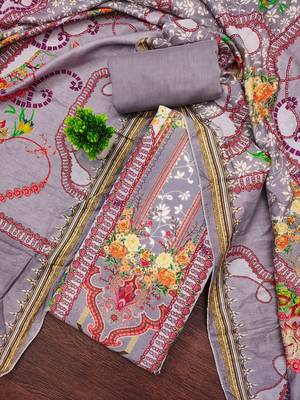 Grey cotton embroidered unstitched dressmaterials 3 pair top bottom dupptaa 1