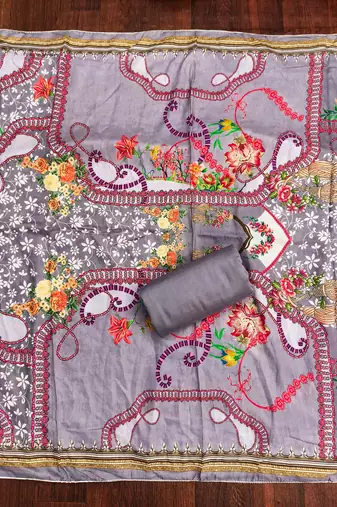 grey cotton blend embroidered unstitched dressmaterials 3 pair top bottom dupptaa