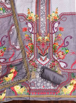 Grey cotton embroidered unstitched dressmaterials 3 pair top bottom dupptaa 3