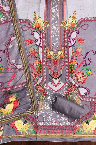 grey cotton blend embroidered unstitched dressmaterials 3 pair top bottom dupptaa