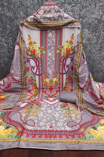 grey cotton blend embroidered unstitched dressmaterials 3 pair top bottom dupptaa