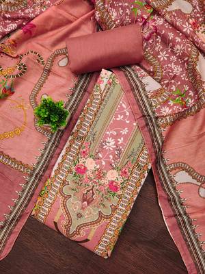 Pink cotton embroidered unstitched dressmaterials 3 pair top bottom dupptaa 1