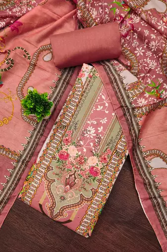 pink cotton blend embroidered unstitched dressmaterials 3 pair top bottom dupptaa