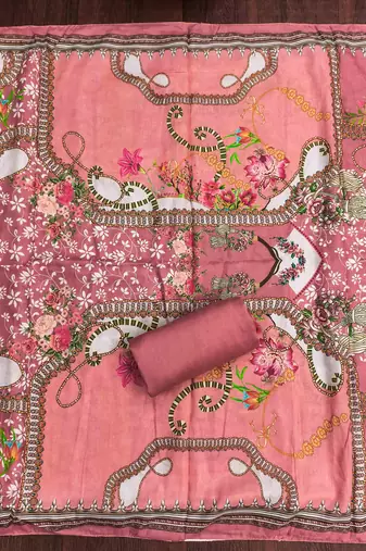 pink cotton blend embroidered unstitched dressmaterials 3 pair top bottom dupptaa