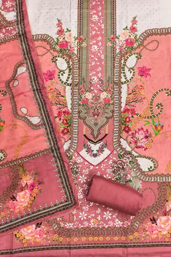 pink cotton blend embroidered unstitched dressmaterials 3 pair top bottom dupptaa