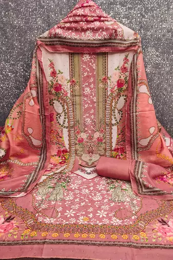 pink cotton blend embroidered unstitched dressmaterials 3 pair top bottom dupptaa