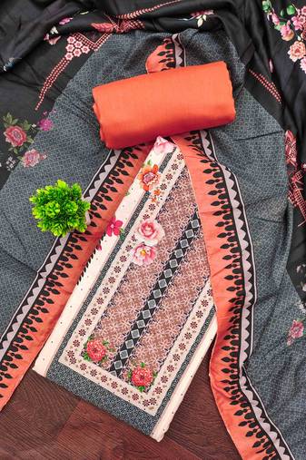 Orange cotton embroidered unstitched dressmaterials 3 pair top bottom dupptaa