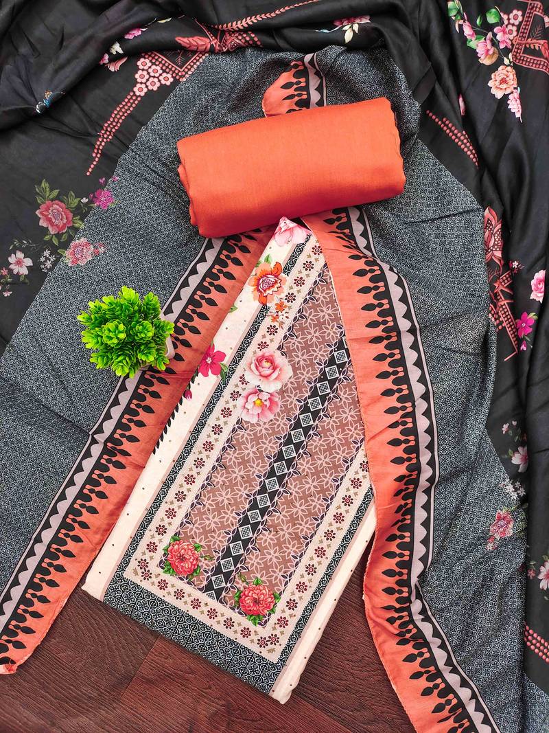 Orange cotton embroidered unstitched dressmaterials 3 pair top bottom dupptaa