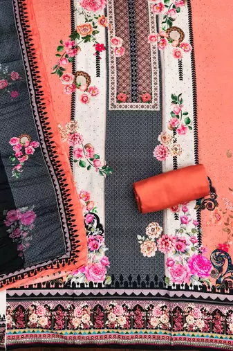 orange cotton blend embroidered unstitched dressmaterials 3 pair top bottom dupptaa