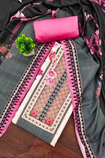 Pink cotton embroidered unstitched dressmaterials 3 pair top bottom dupptaa