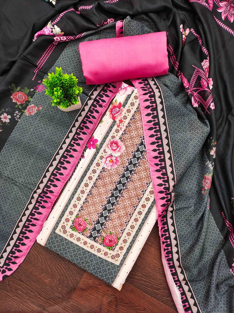 Pink cotton embroidered unstitched dressmaterials 3 pair top bottom dupptaa
