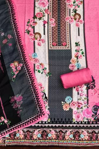 pink cotton blend embroidered unstitched dressmaterials 3 pair top bottom dupptaa