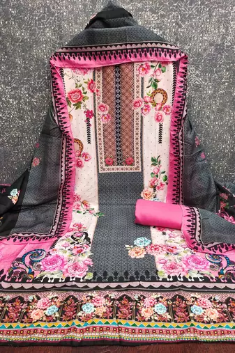 pink cotton blend embroidered unstitched dressmaterials 3 pair top bottom dupptaa