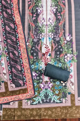 sea green cotton blend embroidered unstitched dressmaterials 3 pair top bottom dupptaa