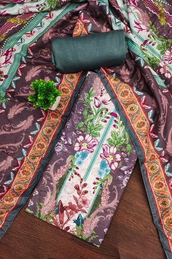 purple cotton blend embroidered unstitched dressmaterials 3 pair top bottom dupptaa