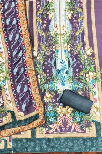 purple cotton blend embroidered unstitched dressmaterials 3 pair top bottom dupptaa