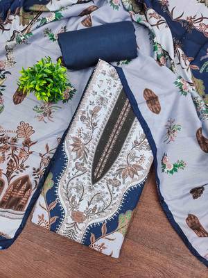 Blue cotton embroidered unstitched dressmaterials 3 pair top bottom dupptaa 1