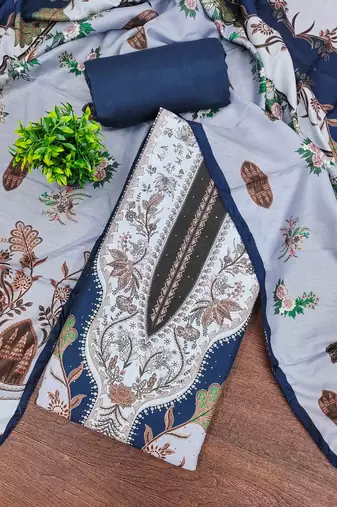 blue cotton blend embroidered unstitched dressmaterials 3 pair top bottom dupptaa