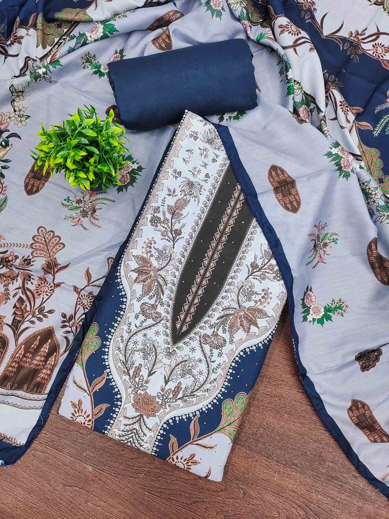 Blue cotton embroidered unstitched dressmaterials 3 pair top bottom dupptaa
