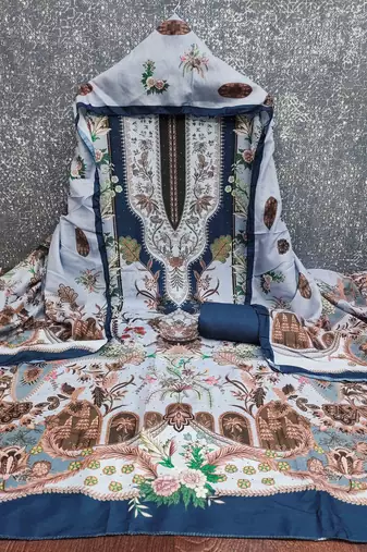 blue cotton blend embroidered unstitched dressmaterials 3 pair top bottom dupptaa