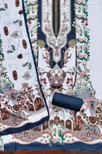 blue cotton blend embroidered unstitched dressmaterials 3 pair top bottom dupptaa