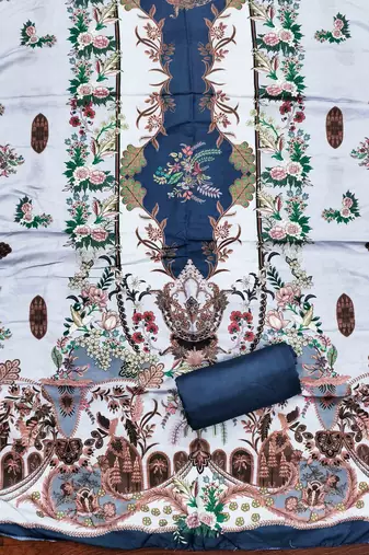 blue cotton blend embroidered unstitched dressmaterials 3 pair top bottom dupptaa