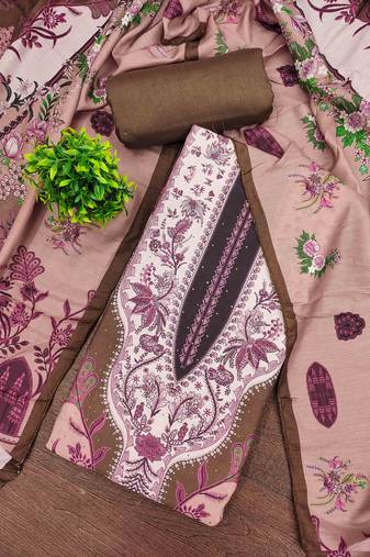 brown cotton blend embroidered unstitched dressmaterials 3 pair top bottom dupptaa