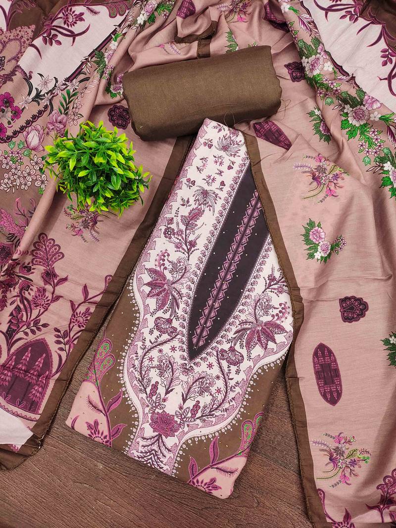 Brown cotton embroidered unstitched dressmaterials 3 pair top bottom dupptaa