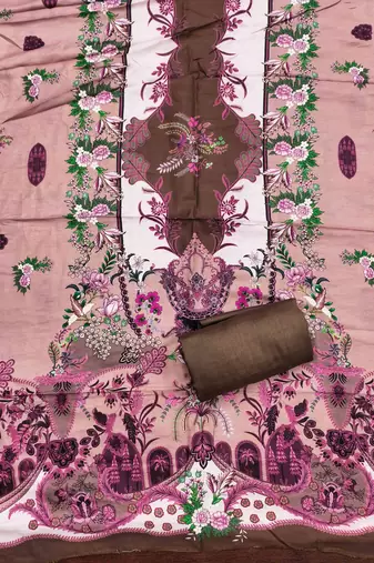 brown cotton blend embroidered unstitched dressmaterials 3 pair top bottom dupptaa